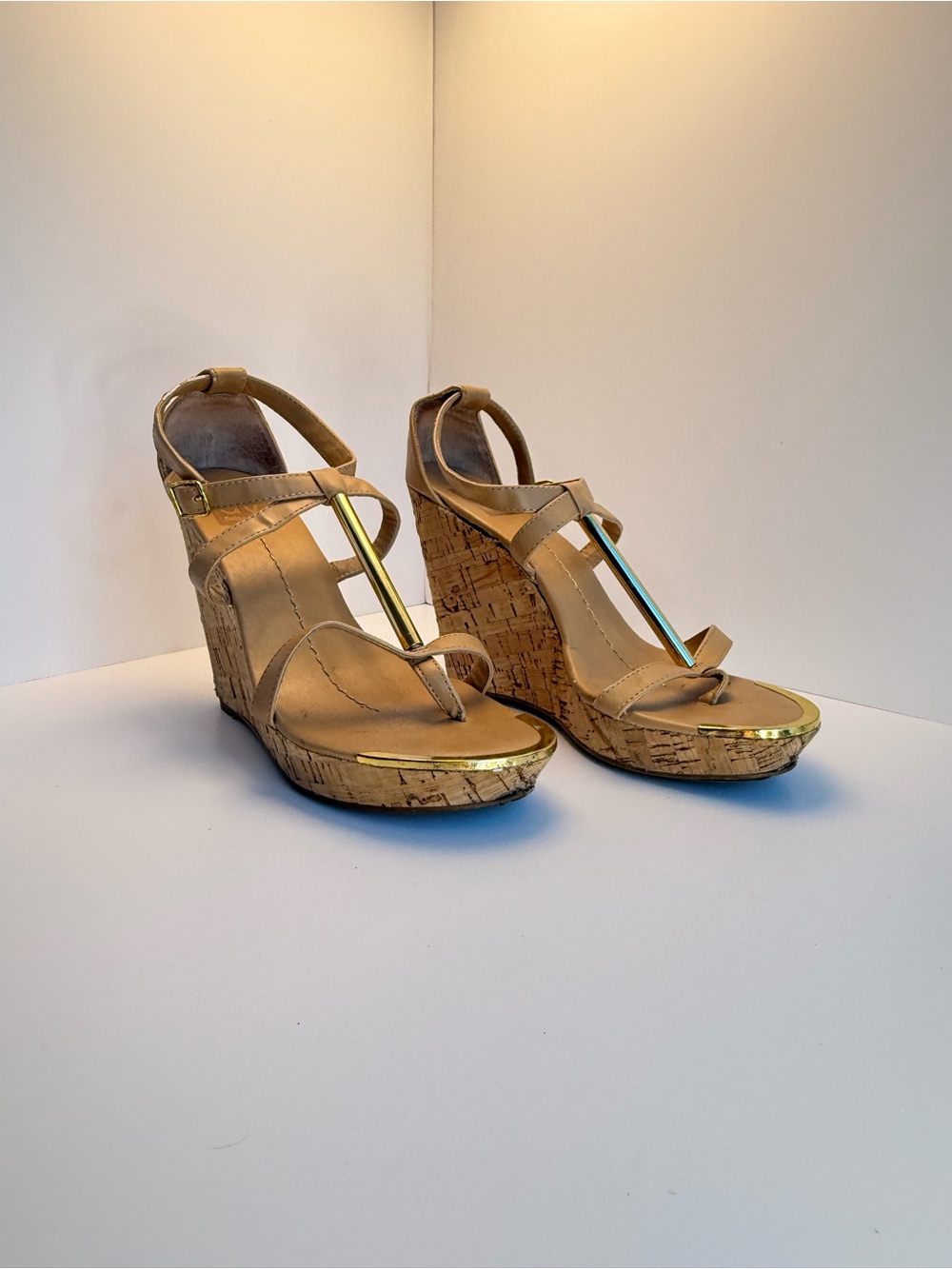Women's Tan Cork Wedge Sandals with Gold Accent